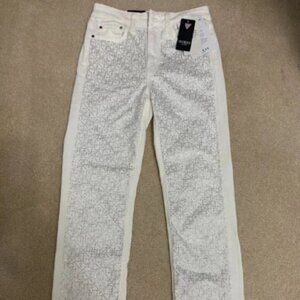 Guess White Satin Rhinestones High Rise Pants Size 24